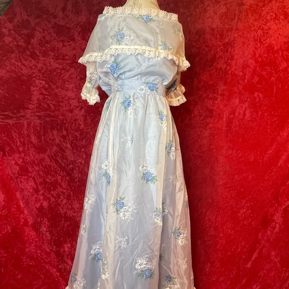Vintage 70s blue floral prairie cottage core gown dress - Picture 6 of 13